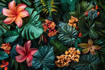 Naklejka premium exotic tropical green plants on floral background nature photography