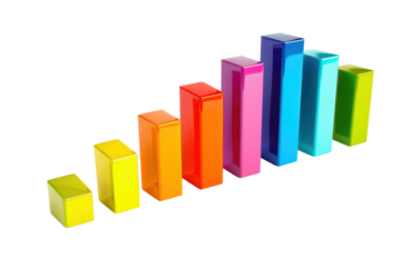 Colorful bar chart in ascending order illustrating growth and data analysis on a transparent background.