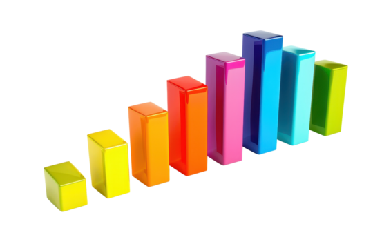Colorful bar chart in ascending order illustrating growth and data analysis on a transparent background.
