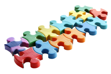 Colorful interlocking puzzle pieces arranged in rows, symbolizing teamwork, problem-solving, and creativity in a vibrant, playful manner.