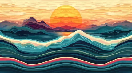 Mountain and ocean silhouette in abstract striped pattern