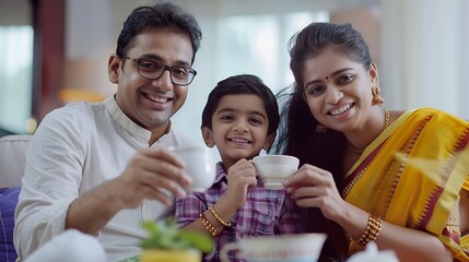 Cheerful Indian family having tea or coffee together at home looking at camera : Generative AI