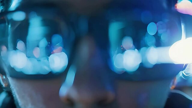 Close-up of a person's glasses reflecting code and data on a screen, symbolizing programming, cybersecurity, and tech innovation.