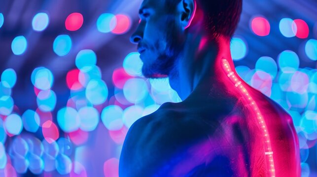 A man stands with his back to the camera, illuminated by blue and pink lights. His spine is highlighted with red lights.
