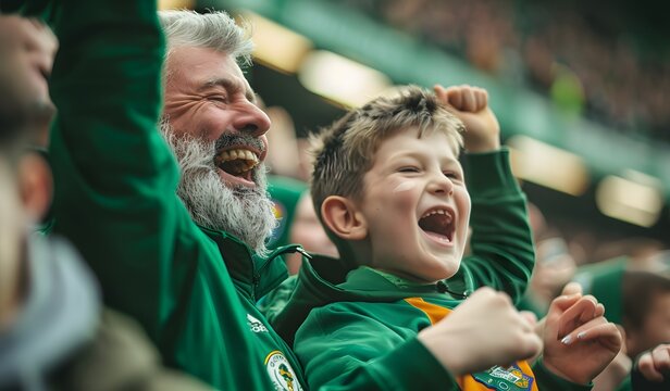 Father and son dressed in green football fan , cheering with excitement at the stadium