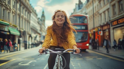 Fototapeta premium A woman riding a bicycle down a street in London. The image captures her face clearly, showing her expression as she enjoys the ride. Generative AI.