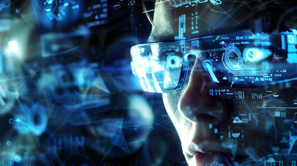 Male businessman with technology line graphic, business concept