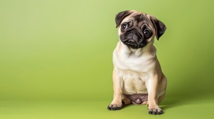 Obraz premium Cute pug puppy sitting on a green background.