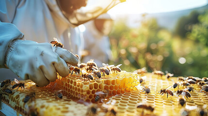 A beekeeper in protective gear inspects a beehive frame with honey and bees, under bright sunlight. urban bee farming and sustainable practices, highlighting impact on the environment. Generative AI.