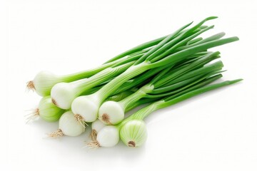 fresh green onions isolated on white background food photography