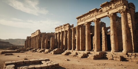 This image captures the majestic remains of ancient ruins, showcasing a series of standing columns and arches under a clear blue sky