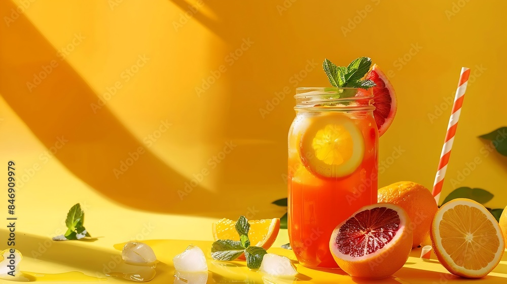 Aufkleber freshly squeezed blood orange juice with ice mint and a slice of fruit in a jar on a yellow backgrou