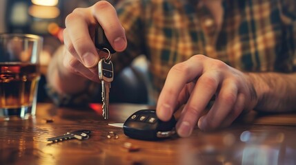 Drunk man reaching for car keys at table closeup Dont drink and drive concept : Generative AI