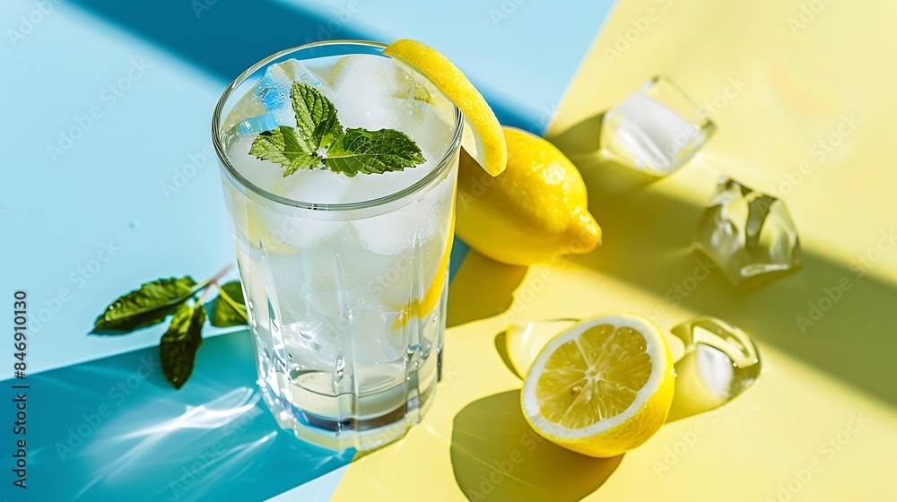 Poster a cold lemonade in a glass with lemon mint and ice on a yellow and blue background with shadow the c