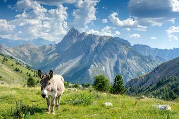 Fototapeta premium friendly donkey in picturesque french alps landscape blanc mont mountains cute wildlife animal
