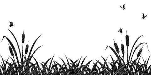 Wetland landscape silhouette. Cattail with grass and butterflies in grunge style