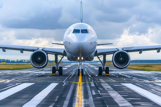 front view of twinengine airliner aligned on runway before takeoff aviation photography