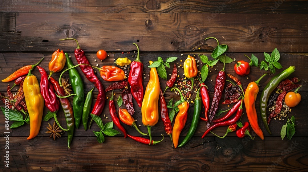 Poster A close-up shot of a variety of fresh and dried chili peppers arranged on a rustic wooden surface. The peppers are of different colors and sizes, creating a vibrant and spicy display. Generative AI