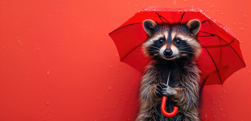 A raccoon holding a red umbrella against a red background with copy space.