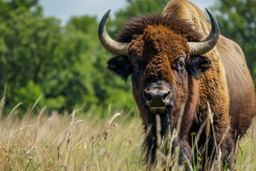 Naklejka premium Closeup of a serene american bison in a lush green field, showcasing wildlife in spring