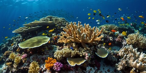 A vibrant underwater scene of a coral reef bustling with colorful marine life and clear blue water