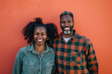 Portrait of a glad mixed race couple in their 30s wearing a comfy flannel shirt isolated in solid pastel color wall