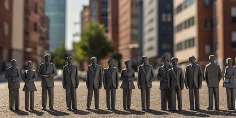 Business concept with miniature people standing in a line on an urban street, portraying teamwork and diversification