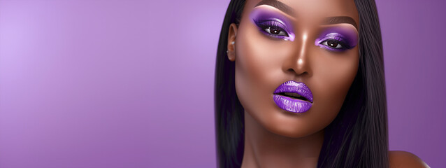 A woman with purple hair and purple lipstick is standing in front of a purple background. Concept of boldness. Beautiful light skin African American make up model in her 20s wearing bold make up