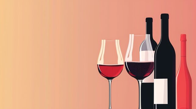Wine abstract minimal flat design Glass of red and white sparkling wine champagne Wine bottles Restaurant menu invitation for an event festival party Wine tasting concept in red pink o : Generative AI