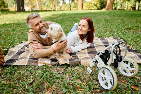 A man and woman in casual attire laying with their dog on a cozy blanket in a park. - Powered by Adobe