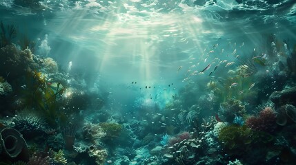 Fototapeta premium Beautiful underwater scenery with various types of fish and coral reefs Generative AI