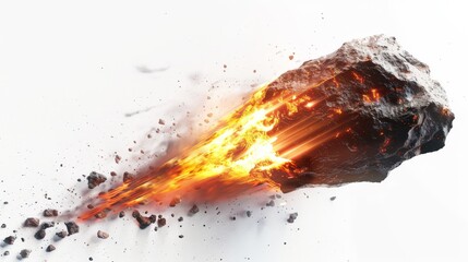 A meteorite with a fiery tail isolated on a white background.