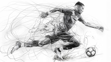 Football. A black and white sketch of a soccer player kicking a ball with a dynamic pose and a doodle background. Olympic sports. Soccer player poster