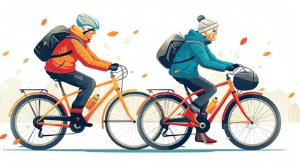 Fototapeta premium Two seniors riding bicycles on a fall day.