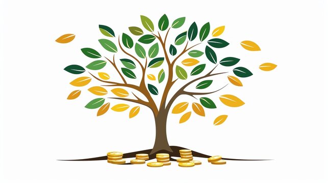 Green and gold money tree with coins at the roots.