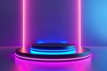 futuristic glowing neon podium with holographic display 3d illustration