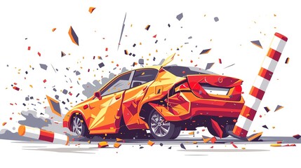 Car crash with debris flying, isolated on white background.