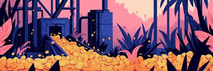 Illustration of a cryptocurrency mine in a jungle with a conveyor belt of coins in a factory; the sunsets orange glow illuminates the scene