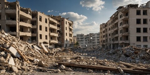 Fototapeta premium The photograph captures a devastating urban landscape with severely destroyed buildings and rubble