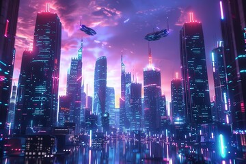 Obraz premium futuristic neon cityscape with glowing skyscrapers and flying cars 3d rendering
