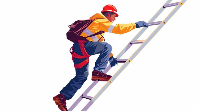 A worker climbing a ladder, wearing a safety harness and helmet.