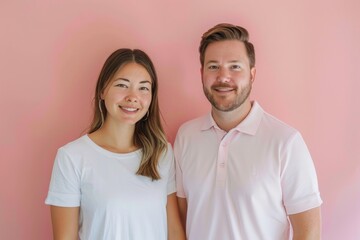 Fototapeta premium Portrait of a content caucasian couple in their 30s wearing a breathable golf polo over solid pastel color wall