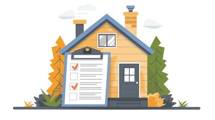 A house with a checklist clipart, insurance concept, flat art, detailed and colorful, isolated on white background