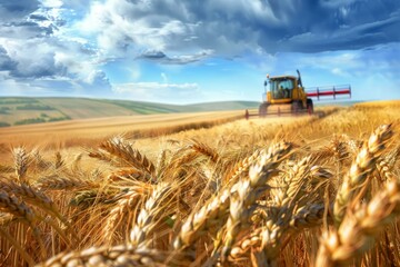 Fototapeta premium Beautiful rural scene of golden wheat harvest in a cultivated farmland with heavy agricultural machinery and a bumper crop of wheat being harvested by a combine harvester on a sunny summer day under a