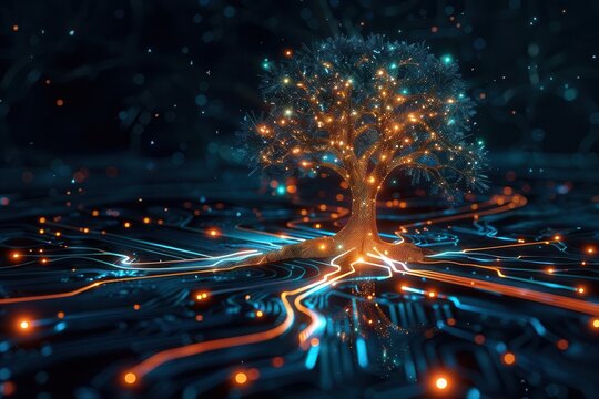 futuristic technology tree diagram with glowing nodes and connections illustrating advanced technological advancements and innovations