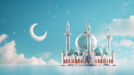 Obraz premium Beautiful 3D illustration of an Islamic mosque and a crescent moon. 