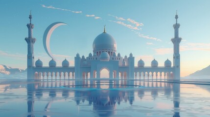 Fototapeta premium Beautiful 3D illustration of an Islamic mosque and a crescent moon. 