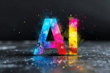 Neon AI vibrant letters on black background