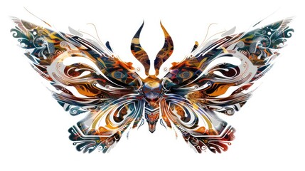 Symbolic Representation of Tribal Double and Butterfly Wings Abstract Butterfly Imagery Featuring the Head of a Predator and Duplicated Decorative Elements on a White Background
