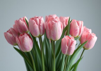 Fototapeta premium Fresh Pink Tulip Bouquet with Vibrant Green Stems, Isolated on White Background, Delicate and Elegant Bloom, Perfect for Nature, Floral, and Gardening Concepts